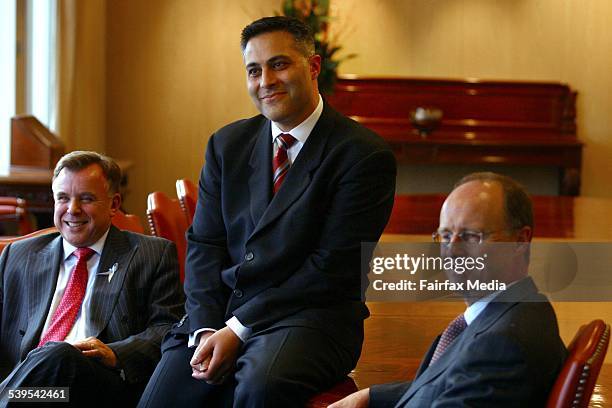 National Australia Bank. From left to right; John Stewart, new Australian CEO Ahmed Fahour and Michael Ullmer, Group CFO, 11 August 2004 For AGE...