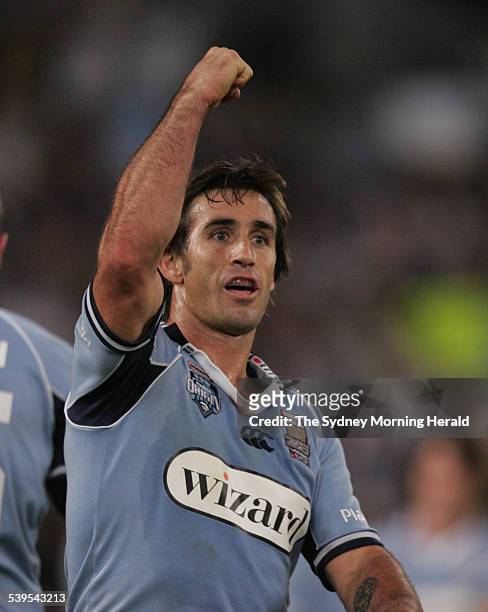 Rugby League State of Origin NSW versus Queensland in Sydney on 15 June 2005. New South Wales Blues player Andrew Johns after the Blues score a try....