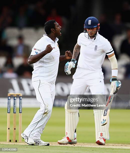 Angelo Mathews of Sri Lanka celebrates bowling Alex Hales of England for LBW during day four of the 3rd Investec Test match between England and Sri...