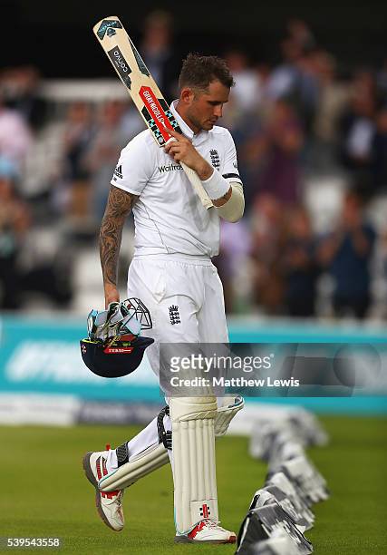 Alex Hales of England looks on, after being bowled LBW by Angelo Mathews of Sri Lanka during day four of the 3rd Investec Test match between England...