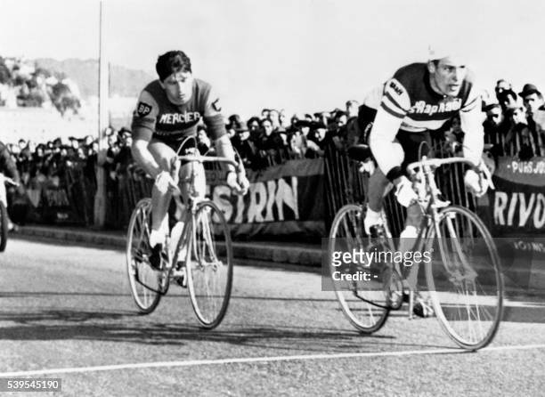 German cyclist Rudi Altig crosses the finish line and won the Genes - Nice cycling race ahead of French cyclist Raymond Poulidor on March 4, 1963....