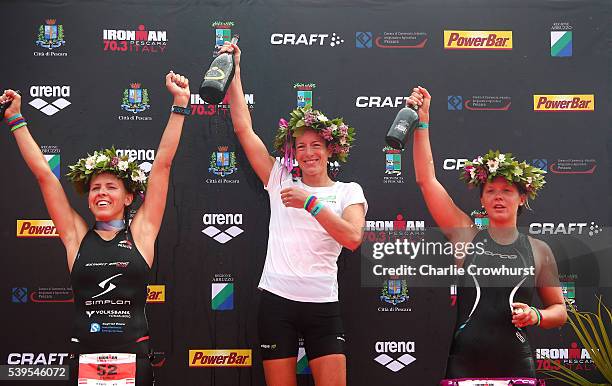 Nicola Spirig of Switzerland celebrates after winning the womens race during the Ironman 70.3 Pescara on June 12, 2016 in Pescara, Italy. Donat,...