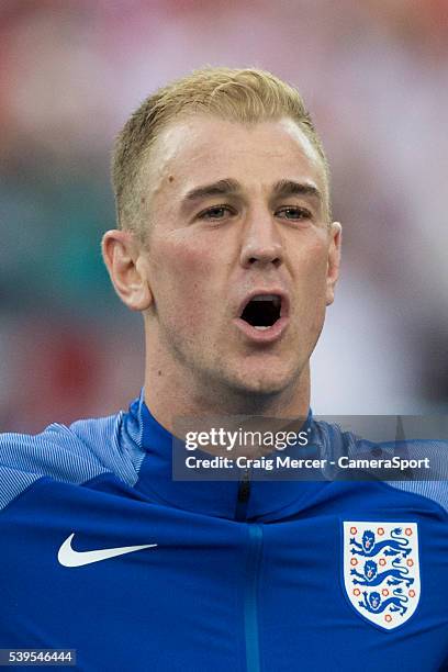 England's Joe Hart during the anthems prior to the UEFA Euro 2016 Group B match between England and Russia at Stade Velodrome on June 10, 2016 in...