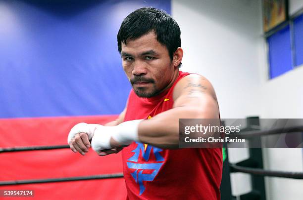 April 23 Hollywood,Calif. --- Superstar Manny Pacquiao trains Thursday at the Wild Card Boxing Club as he prepares for his upcoming 12-round...