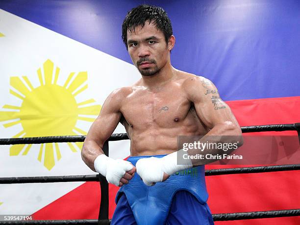 April 23 Hollywood,Calif. --- Superstar Manny Pacquiao trains Thursday at the Wild Card Boxing Club as he prepares for his upcoming 12-round...