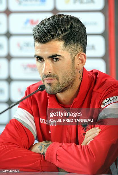 Albania's defender Elseid Hysaj holds a press conference in Perros-Guirec, western France, on June 12, 2016 during the Euro 2016 football tournament....