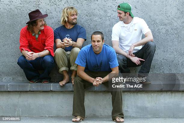 Jack Johnson front , American singer performing at the Sidney Myer Music Bowl with Back row L-R Donovan Frankenreiter, Xavier Rudd and G Love . 20th...
