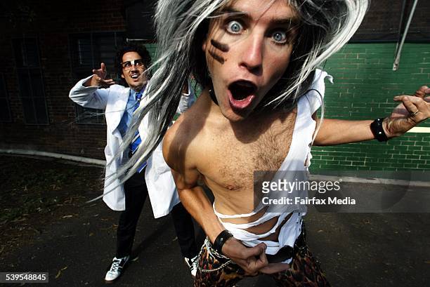 Melbourne's air guitar champions Bernard Curry front, with Nathaniel Kiwi in the background. Taken 13th March 2003 AGE METRO Picture by SIMON SCHLUTER