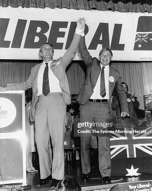 Doug Anthony and Malcolm Fraser at the Liberal Party rally at St. Mary's, 13 October 1980, SMH Picture by PAUL W. MURRAY