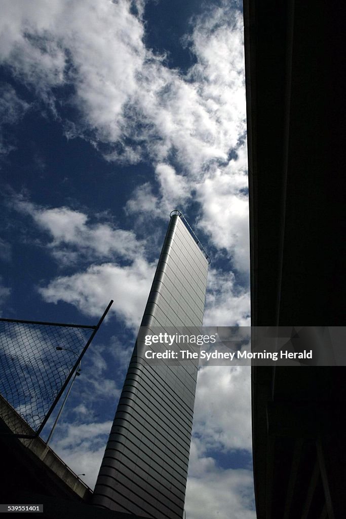 Cross City Tunnel Exhaust Stack at Darling Harbour, 22 February 2005. SMH Pictu