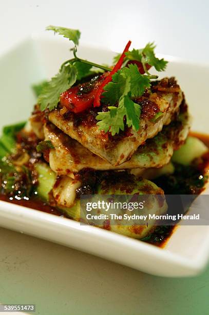 Pan-asian. Barramundi with roasted chilli sauce, from Green Bamboo restaurant, 14 April 2005. SMH Picture by JENNIFER SOO