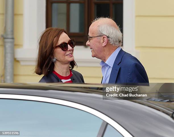 Bilderberg conference participants Marie-Josee Kravis and John Kerr sighted departing outside Hotel Taschenbergpalais on June 12, 2016 in Dresden,...