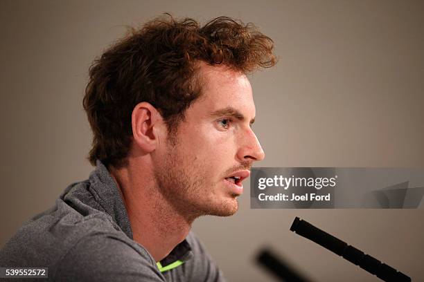 Andy Murray speaks at a press conference at the Aegon Championships at Queens Club on June 12, 2016 in London, England.