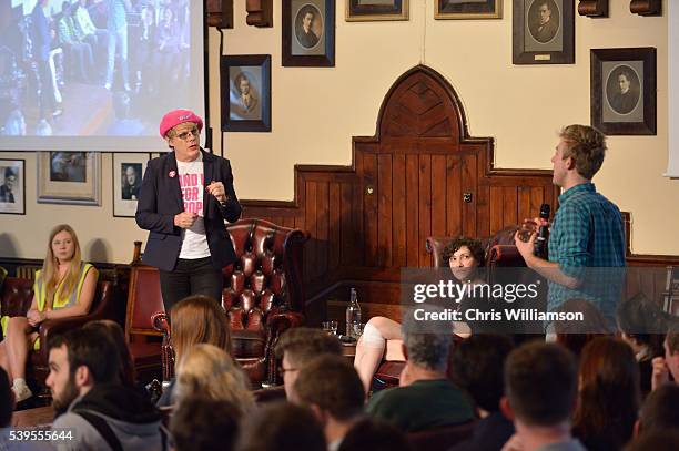 Eddie Izzard addresses The Cambridge Union on the EU Referendum on June 12, 2016 in Cambridge, Cambridgeshire. After joining Labour activists to...