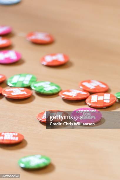 Buttons are left on a table as Eddie Izzard addresses The Cambridge Union on the EU Referendum on June 12, 2016 in Cambridge, Cambridgeshire. After...