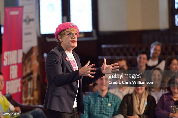 Eddie Izzard addresses The Cambridge Union on the EU Referendum on June 12, 2016 in Cambridge, Cambridgeshire. After joining Labour activists to...