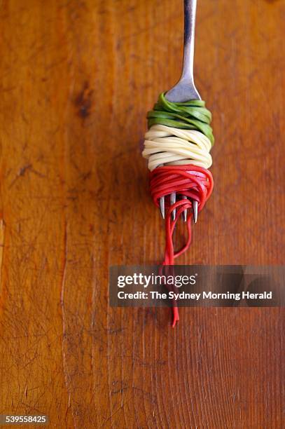 Image shows fork with red, white and green pasta, 5 April 2005. SMH Picture by MARINA OLIPHANT