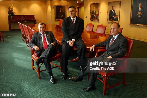 National Australia Bank. L-R; John Stewart, new Australian CEO Ahmed Fahour and Michael Ullmer, Group CFO, 11 August 2004 THE AGE Picture by NICOLE...