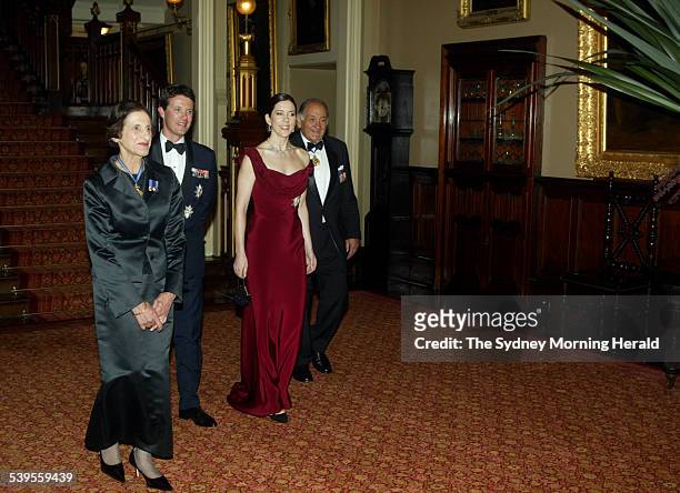 Princess Mary and Crown Prince Frederik pose with the Governor of New South Wales Professor Marie Bashir and her husband Sir Nicholas Shehadie before...