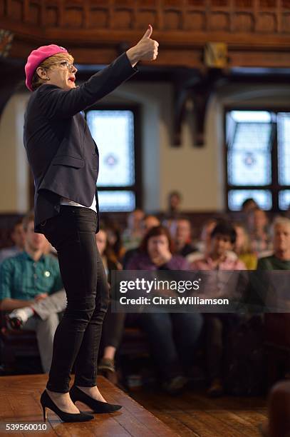 Eddie Izzard gives the thumbs up as he addresses The Cambridge Union on the EU Referendum on June 12, 2016 in Cambridge, Cambridgeshire. After...