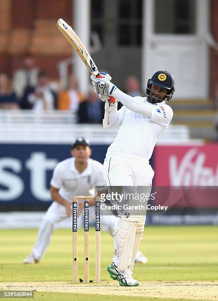 Dimuth Karunaratne of Sri Lanka bats during day four of the 3rd Investec Test match between England and Sri Lanka at Lord's Cricket Ground on June...