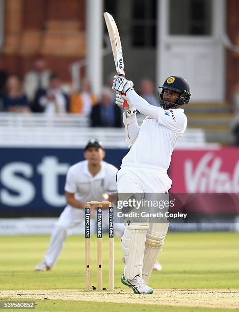 Dimuth Karunaratne of Sri Lanka bats during day four of the 3rd Investec Test match between England and Sri Lanka at Lord's Cricket Ground on June...