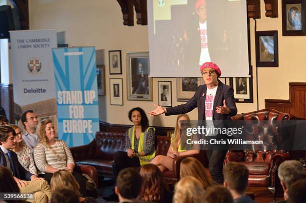 Eddie Izzard addresses The Cambridge Union on the EU Referendum on June 12, 2016 in Cambridge, Cambridgeshire. After joining Labour activists to...