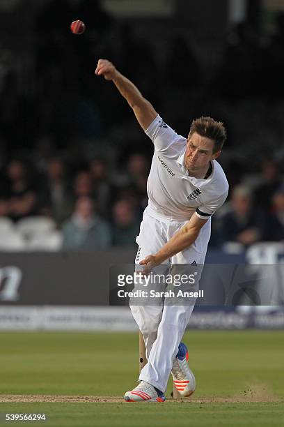 England's Chris Woakes bowls during day four of the 3rd Investec Test match between England and Sri Lanka at Lord's Cricket Ground on June 12, 2016...