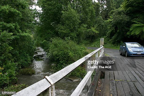Tarra-Bulga National Park and Toyota Prius electric hybrid crossing a wooden bridge on 10th December, 2004. THE AGE BUSINESS Picture by GARY...