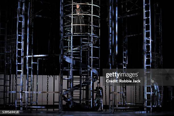 Leah-Marian Jones as Genevieve, Jacques Imbrailo as Pelleas and Jugita Adamonyte as Melisande in Welsh National Opera's production of Claude...