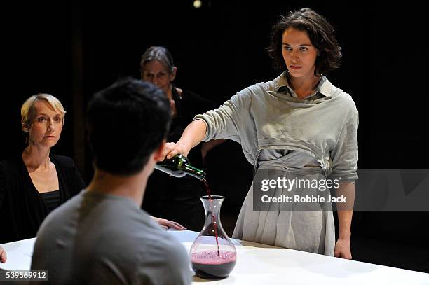 Lia Williams , Luke Thompson, Annie Firbank and ,Jessica Brown Findlay in Aeschylus's Oresteia directed by Robert Icke at the Almeida Theatre in...