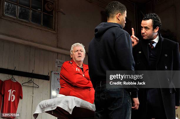 Peter Wight as Yates, Calvin Demba as Jordan and Daniel Mays as Kidd in the National Theatre's production of Patrick Marber's The Red Lion directed...