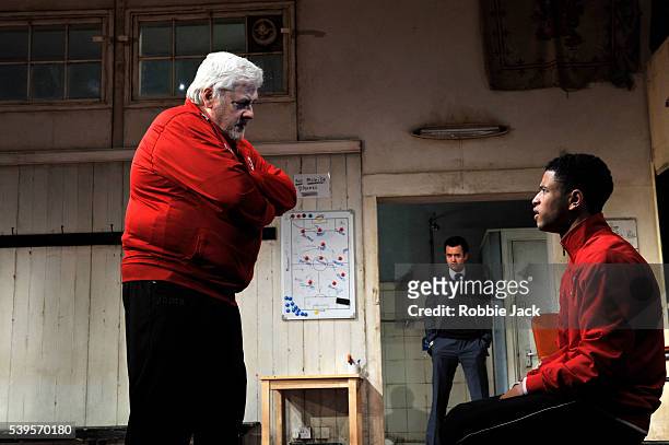 Peter Wight as Yates, Daniel Mays as Kidd and Calvin Demba as Jordan in the National Theatre's production of Patrick Marber's The Red Lion directed...