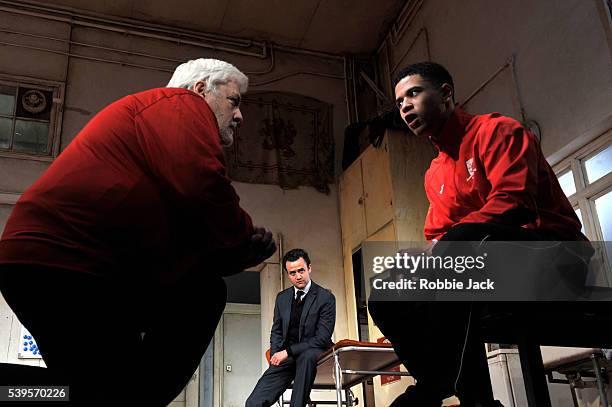 Peter Wight as Yates, Daniel Mays as Kidd and Calvin Demba as Jordan in the National Theatre's production of Patrick Marber's The Red Lion directed...