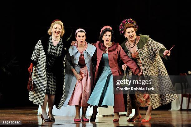 Kai Ruutel as Meg Page, Anna Devin as Nannetta, Ainhoa Arteta as Alice Ford and Agnes Zwierko as Mistress Quickly in the Royal Opera's production of...