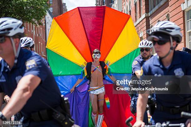 Members of the Philadelphia Police participant in support of, not as escorts of, the 2016 Pride Parade march through downtown on June 12, 2016 in...