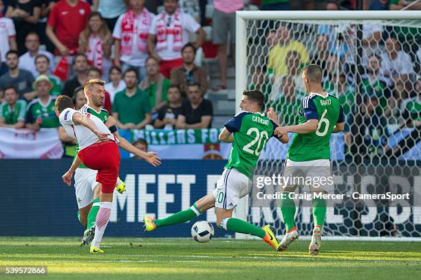 Poland's Arkadiusz Milik scores the opening goal despite the attentions of Northern Ireland's Craig Cathcart during the UEFA Euro 2016 Group C match...