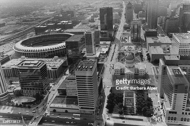 View up Market Street and Chestnut Street in St. Louis, Missouri, showing the Busch Stadium on the left, and the Old Courthouse in the centre right,...