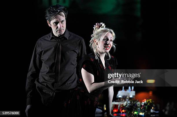 Josh Hamilton as Robert and Sinead Matthews as Jane in the National Theatre's production of Wallace Shawn's Evening at the Talk House directed by Ian...