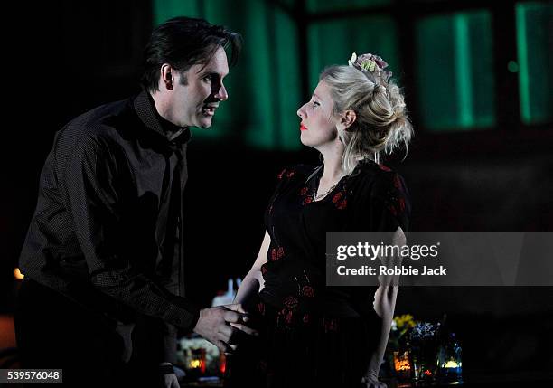 Josh Hamilton as Robert and Sinead Matthews as Jane in the National Theatre's production of Wallace Shawn's Evening at the Talk House directed by Ian...