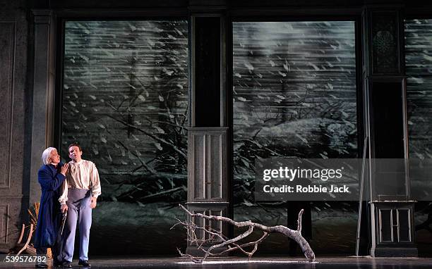 Dmitri Hvorostovsky as Eugene Onegin and Michael Fabiano as Lensky in the Royal Opera's production of Pyotr Il'yich Tchaikovsky's Eugene Onegin...