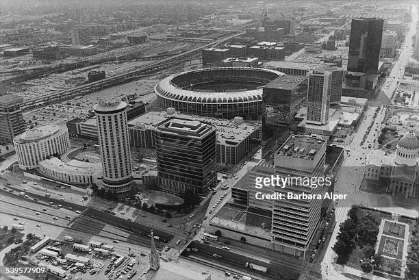 View over St. Louis, Missouri, showing the Busch Stadium in the centre, and the Old Courthouse on the right, 30th June 1987.
