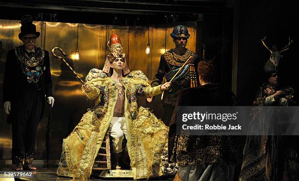 Clive Bayley as Aye, Anthony Roth Costanzo as Akhnaten, James Cleverton as Horemhab, Rebecca Bottone as Queen Tye and Colin Judson in the English...