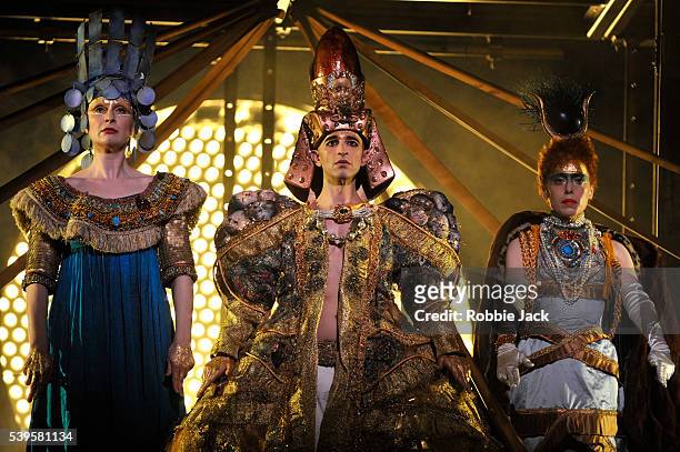 Emma Carrington as Nefertiti, Anthony Roth Costanzo as Akhnaten and Rebecca Bottone as Queen Tye in the English National Opera's production of Philip...