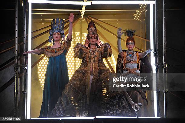 Emma Carrington as Nefertiti, Anthony Roth Costanzo as Akhnaten and Rebecca Bottone as Queen Tye in the English National Opera's production of Philip...