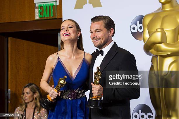 88th Academy Awards press room Leonardo DiCaprio, Brie Larson.