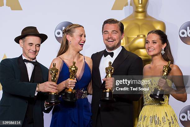 88th Academy Awards press room Leonardo DiCaprio, Brie Larson, Mark Rylance, and Alicia Vikander.