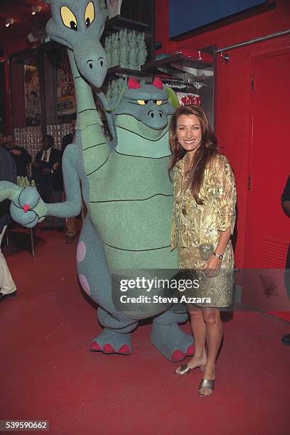 Jane Seymour and the two-headed dragon from the latest Warner Bros cartoon 'Quest for Camelot'.