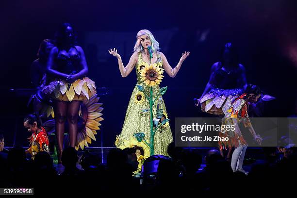 American singer Katy Perry performs on the stage during her 'Prismatic' world tour concert at Mercedes-Benz Arena in Shanghai, China on April 21,...