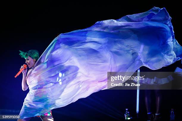 American singer Katy Perry performs on the stage during her 'Prismatic' world tour concert at Mercedes-Benz Arena in Shanghai, China on April 21,...